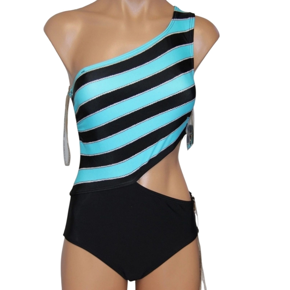 NWT MICHAEL Michael Kors Rope Rugby Stripe One Shoulder Cut Out One Piece 4 - Picture 4 of 9